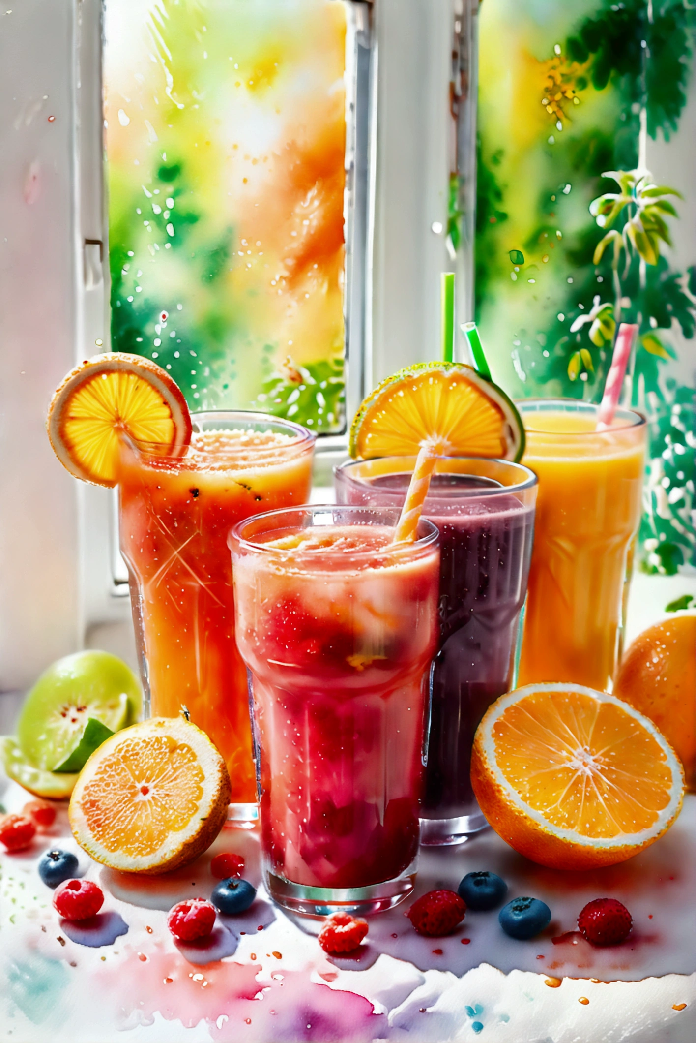 there are many types of colorful healthy drinks served in glasses, the glasses sitting on a surface, juices, smoothie and infused water , illustration, isolated with solid white background, surrounded with negative space, centered composition, highest detailed painting, very precise line, Isolated, clear solid white background, perspective angle of view, ((watercolor:1.5)), (lora:add-detail-xl:1), (masterpiece), (best quality), no bread on the floor, washed out color, (ghibli)