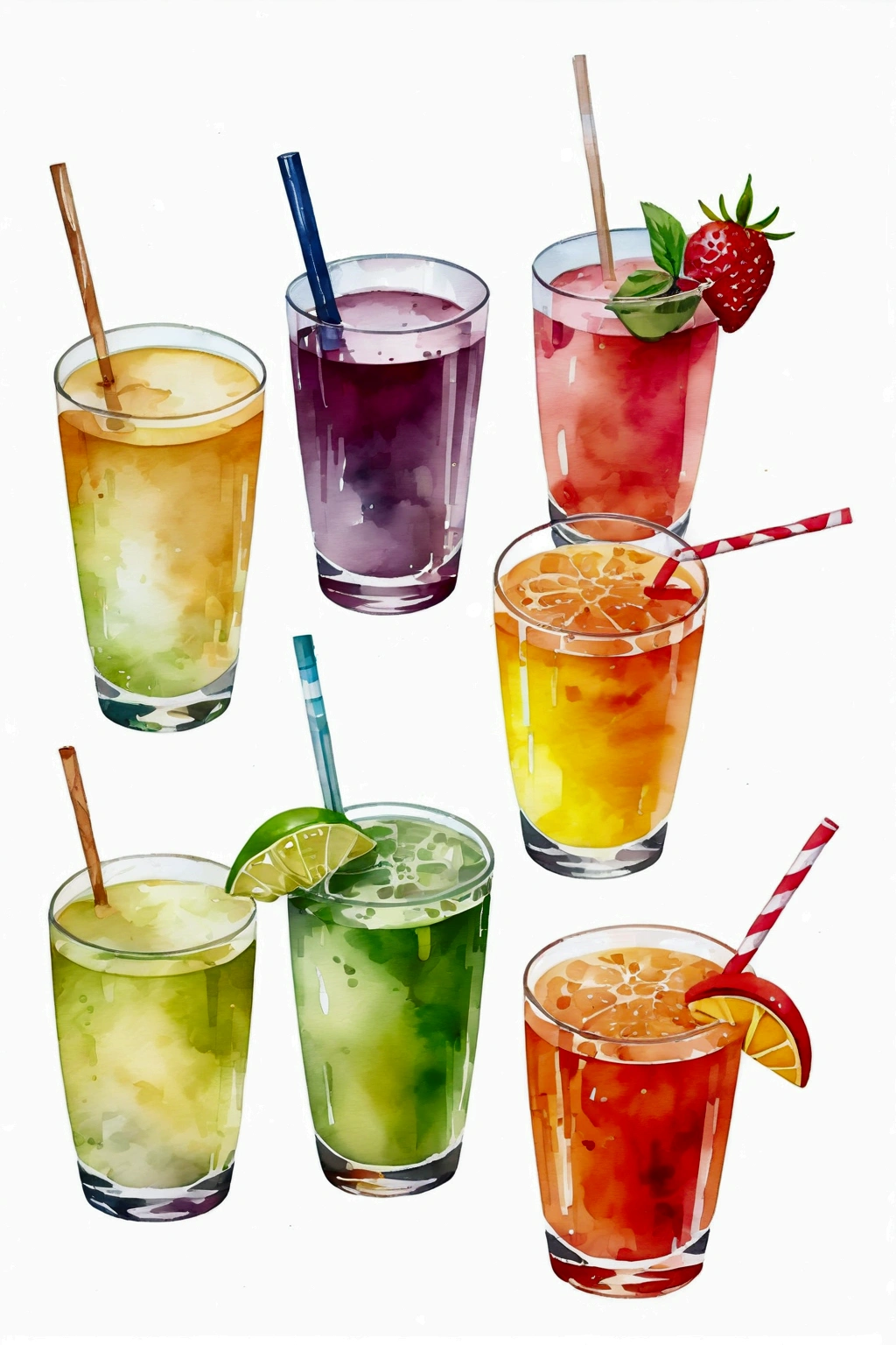 there are many types of colorful healthy drinks served in glasses, the glasses sitting on a surface, juices, smoothie and infused water , illustration, isolated with solid white background, surrounded with negative space, centered composition, highest detailed painting, very precise line, Isolated, clear solid white background, perspective angle of view, ((watercolor:1.5)), (lora:add-detail-xl:1), (masterpiece), (best quality), no bread on the floor, washed out color, (ghibli)