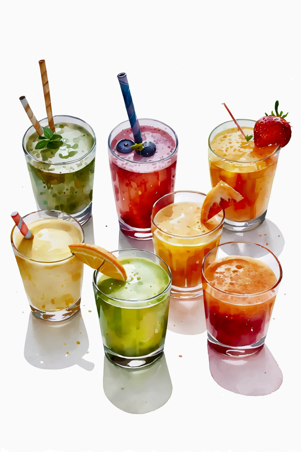 there are many types of colorful healthy drinks served in glasses, the glasses sitting on a surface, juices, smoothie and infused water , illustration, isolated with solid white background, surrounded with negative space, centered composition, highest detailed painting, very precise line, Isolated, clear solid white background, perspective angle of view, ((watercolor:1.5)), (lora:add-detail-xl:1), (masterpiece), (best quality), no bread on the floor, washed out color, (ghibli)