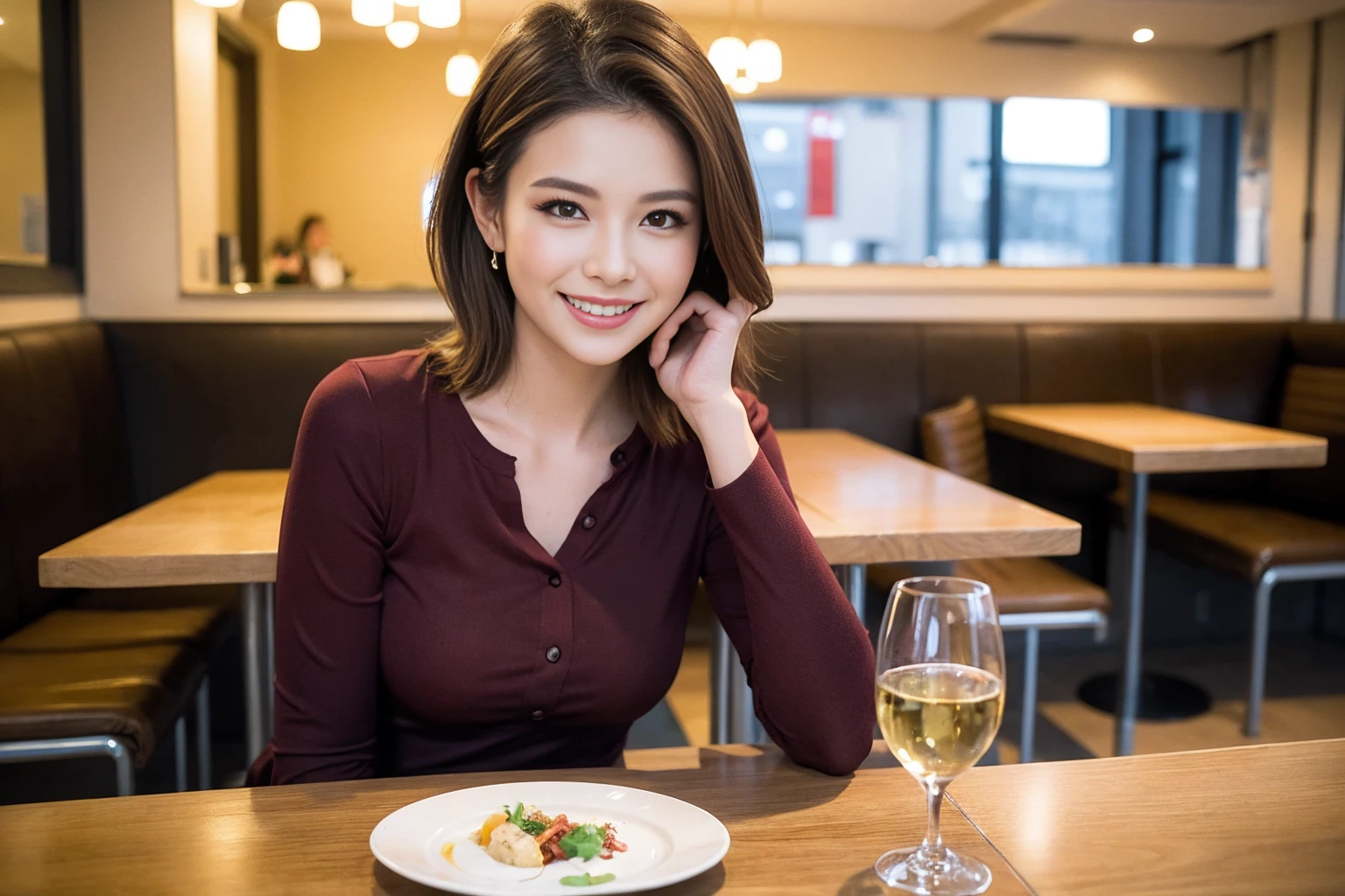 ((Highest quality、8K、masterpiece:1.3))、cute、slimカップル、modelカップル、actress男優、(Realistic, Intricate details:1.2), full-course dinner、Wine Party、Amazing view of the sunset sky and clouds、A bright smile、short hair,Bright Face、 (Age 45), 42 years old, red wine 、Appetizers、Italian food、Wine bottle、Champagne、sparkling wine、Two beauties、Brown Hair、Shortcuts、Long sleeve shirt、dress、Beautiful woman 1, (slimな顔), (The body is slim), (Brown Hair), (Shortcuts), cheeks turn a little red,Attractive beauty、restaurant, In a prominent place (From the waist up) Nova Frog Style, actress, model, Upper Body, White wine, slim, wine glass, 中央に置かれたwine glass, smile, (smile: 1.15), Beautiful fine grain, Depth f/2,saturation, High Contrast, Strong light and shadow,Moist Body:1.5、3D texture、Delicate eyes、Brown Hair、The hair is very shiny、