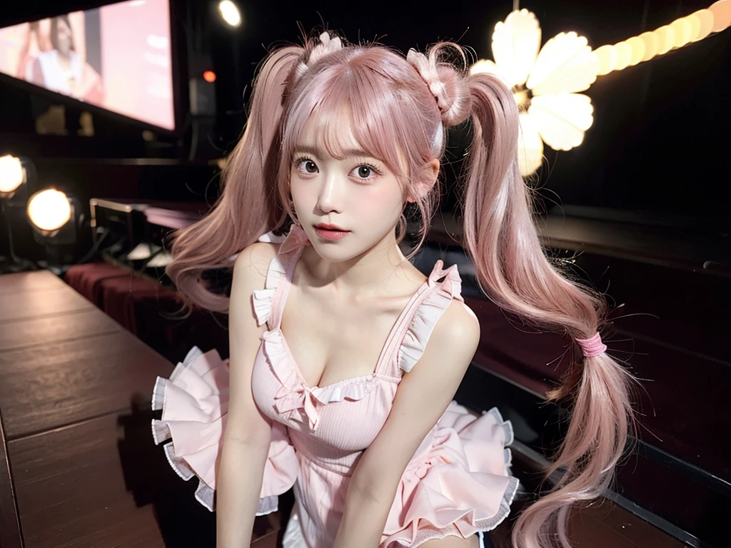 Shot with a top-of-the-line camera. highest quality, ultra-detailed, intricately detailed, high resolution, 8k, One woman. (very large breasts:1.3), A youthful look of about 15 years old. Slim and well-proportioned, (pink hair in twintails:1.3), fair skin. She is wearing a pink frilled mini-skirt dress. She is singing on the stage of a live venue, illuminated by the many lights of the live show.