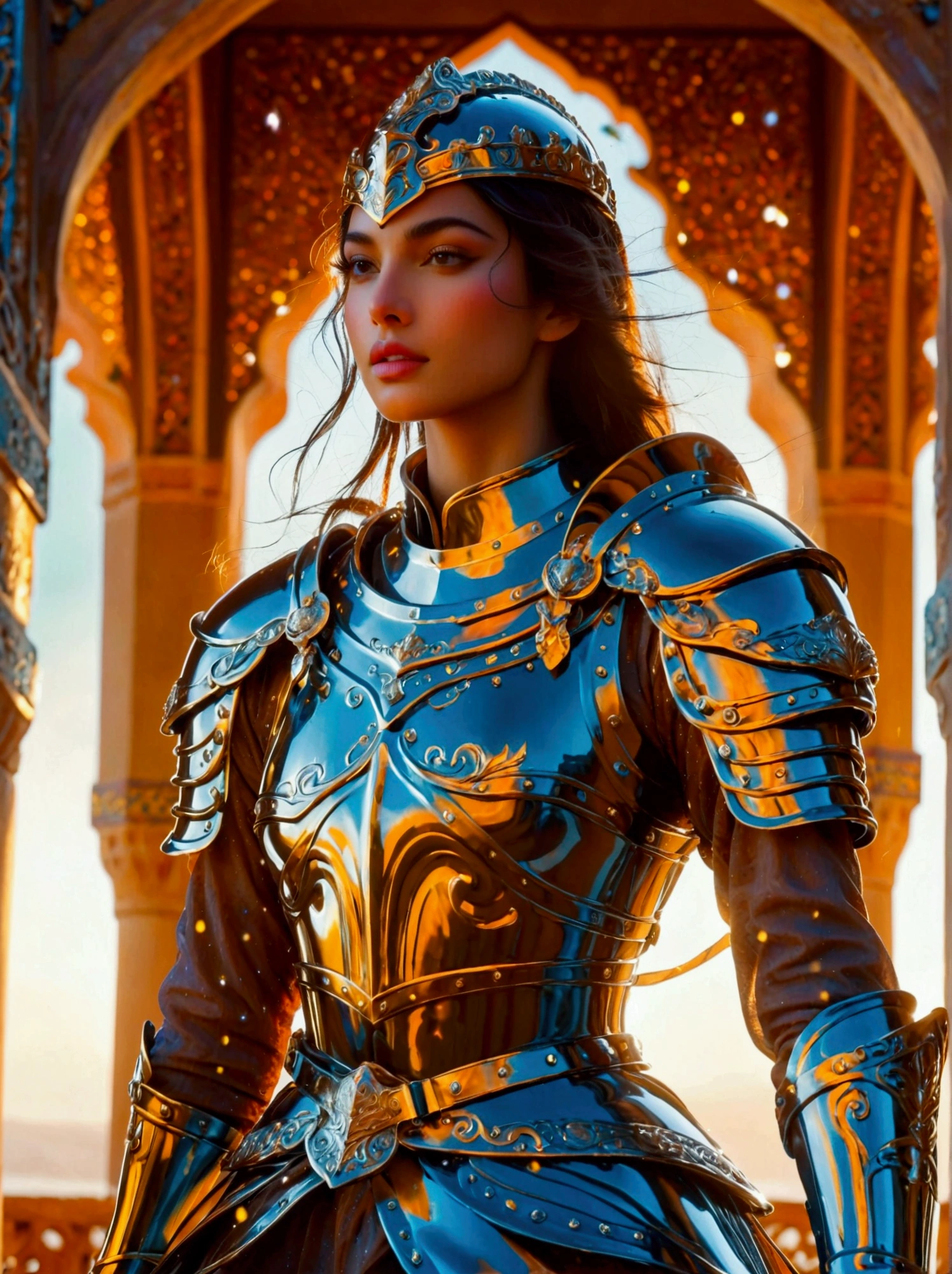 Visualize a Middle Eastern female knight garbed in glittering, shiny armor. Her color-rich attire should reflect a contemporary and innovative upgrade to her otherwise traditional look. Showcase her in dynamic and vigorous poses expressing strength and bravery. Leverage the perspective of a wide-angle lens to emphasize the expansive nature of the scenery that surrounds her, thus creating a panoramic effect. The setting is heavily influenced by elements of fantasy, making it a mystical and enchanting environment