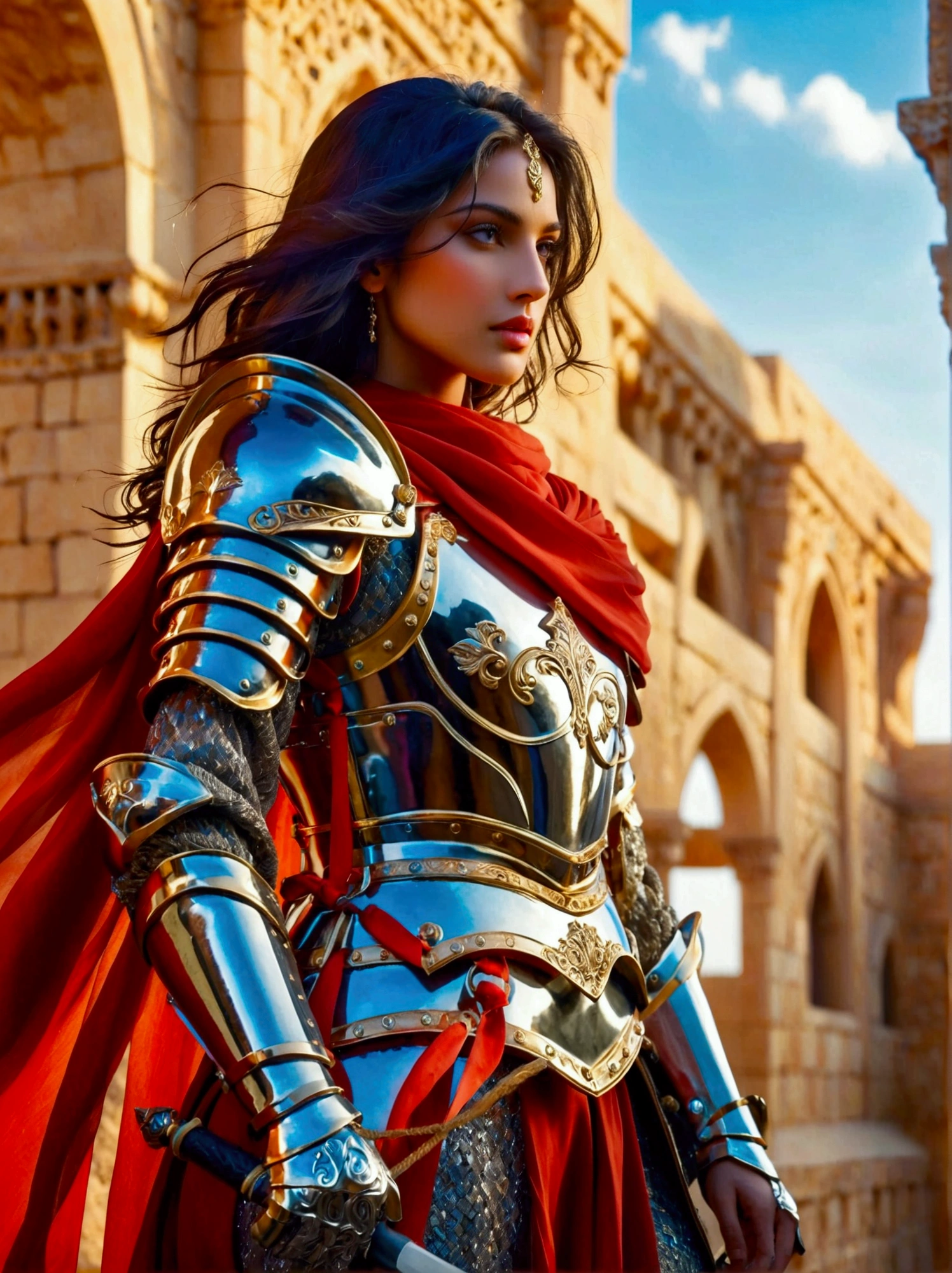 Visualize a Middle Eastern female knight garbed in glittering, shiny armor. Her color-rich attire should reflect a contemporary and innovative upgrade to her otherwise traditional look. Showcase her in dynamic and vigorous poses expressing strength and bravery. Leverage the perspective of a wide-angle lens to emphasize the expansive nature of the scenery that surrounds her, thus creating a panoramic effect. The setting is heavily influenced by elements of fantasy, making it a mystical and enchanting environment