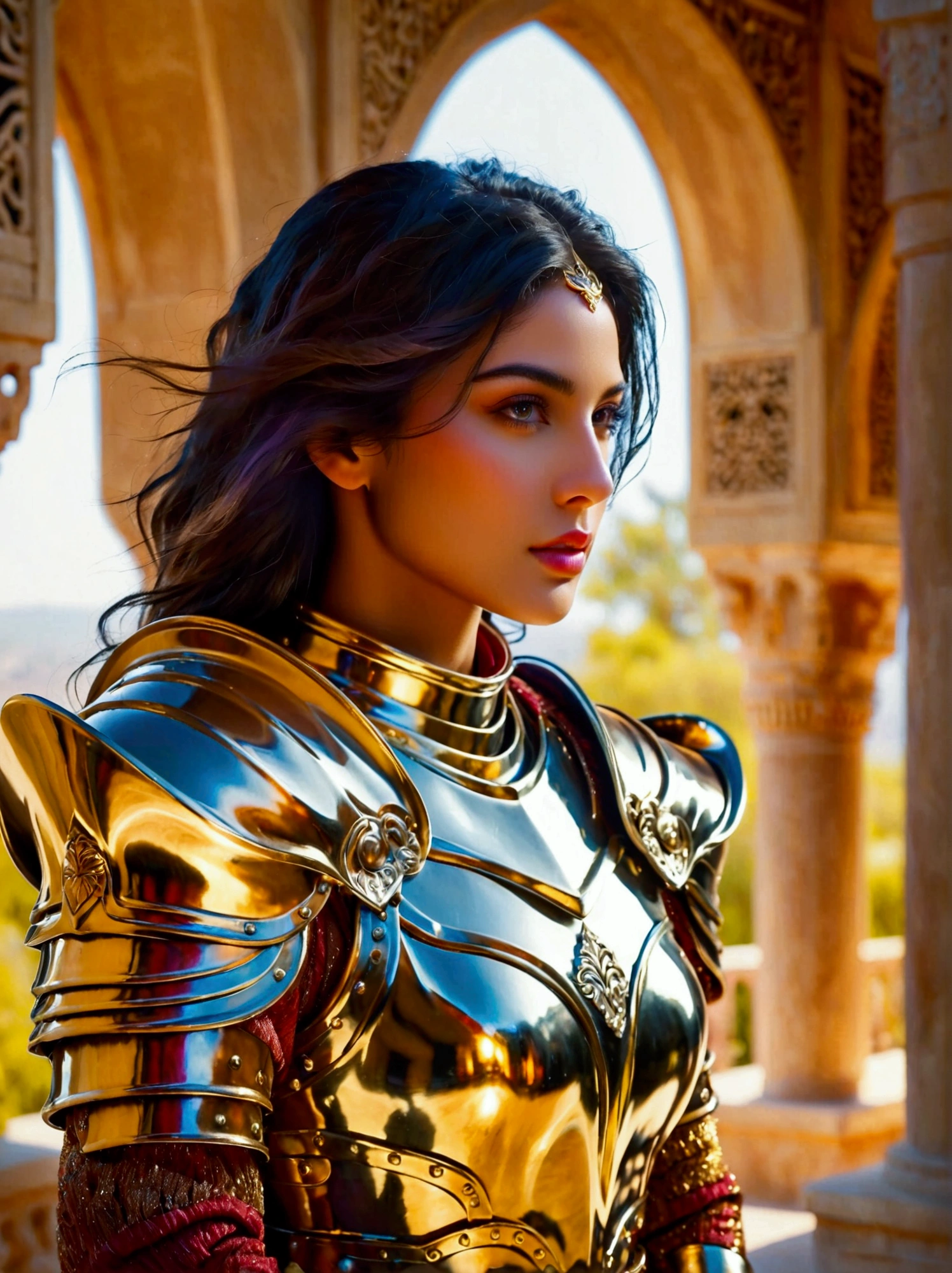 Visualize a Middle Eastern female knight garbed in glittering, shiny armor. Her color-rich attire should reflect a contemporary and innovative upgrade to her otherwise traditional look. Showcase her in dynamic and vigorous poses expressing strength and bravery. Leverage the perspective of a wide-angle lens to emphasize the expansive nature of the scenery that surrounds her, thus creating a panoramic effect. The setting is heavily influenced by elements of fantasy, making it a mystical and enchanting environment