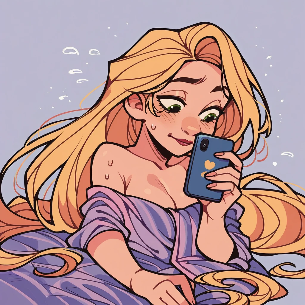 (score_9, score_8_up), Rapunzel, wrapped in towel, medium breasts, holding phone