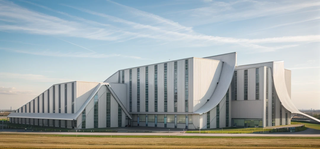 aerial view, master view, grass, day, line, curve, highquality, realistic photo, canon eos 5D mark, [[[architech1904]]], natural light, (realistic: 1.2), sharpen edge, morden building, factory, white.