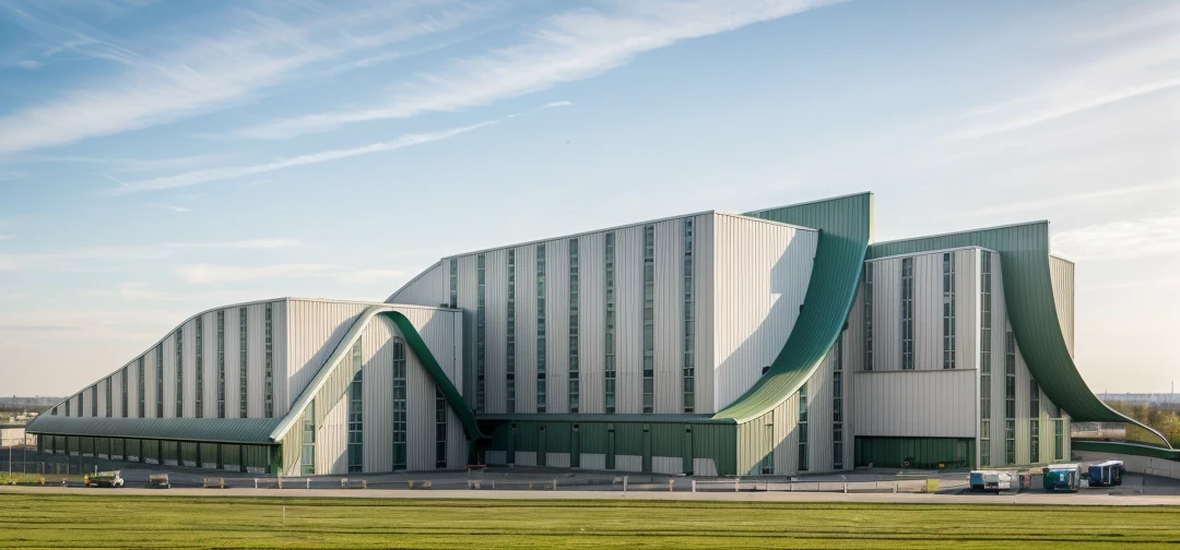 aerial view, master view, grass, day, line, curve, highquality, realistic photo, canon eos 5D mark, [[[architech1904]]], natural light, (realistic: 1.2), sharpen edge, morden building, factory, white.