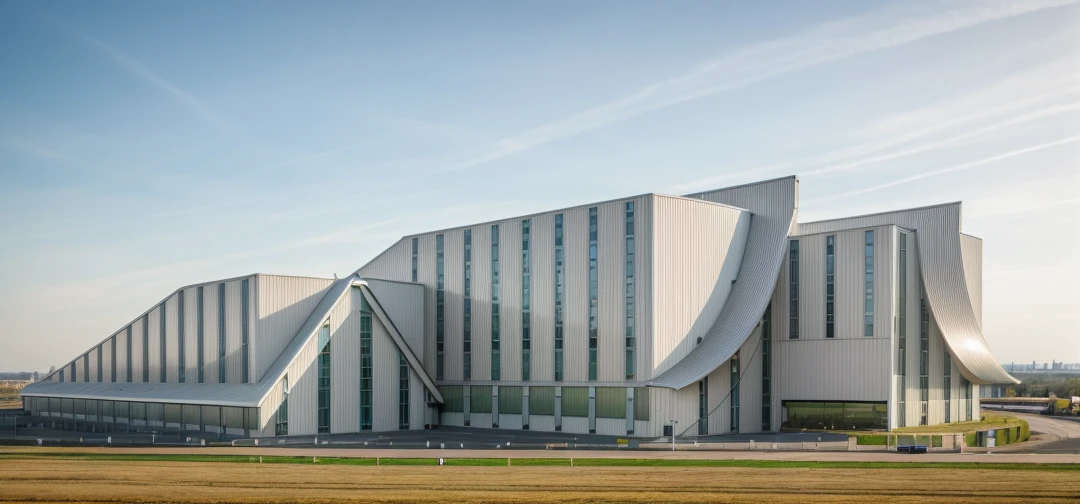 aerial view, master view, grass, day, line, curve, highquality, realistic photo, canon eos 5D mark, [[[architech1904]]], natural light, (realistic: 1.2), sharpen edge, morden building, factory, white.