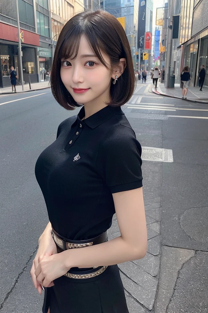 (8k, RAW photo, top quality, masterpiece: 1.2), (realistic, photorealistic: 1.37), three-dimensional, ((ultra detail, ultra high resolution, beautiful detailed face):1.3), one girl, beholder, constriction, (slim waist), beautiful detailed skin, skin texture, floating hair, professional lighting, (Japanese beautiful cute girl:1.2), long hair, bob cut, beautiful hair, 20 years old, attractive breasts, round breasts, (huge breasts:1.4), (full body:1.4), standing, in the city sidewalk, smiles, bracelet, earing, necklace, black mini skirt, dark color cute belt, (polo shirt:1.2), shirts button opened, (look back:1.4)