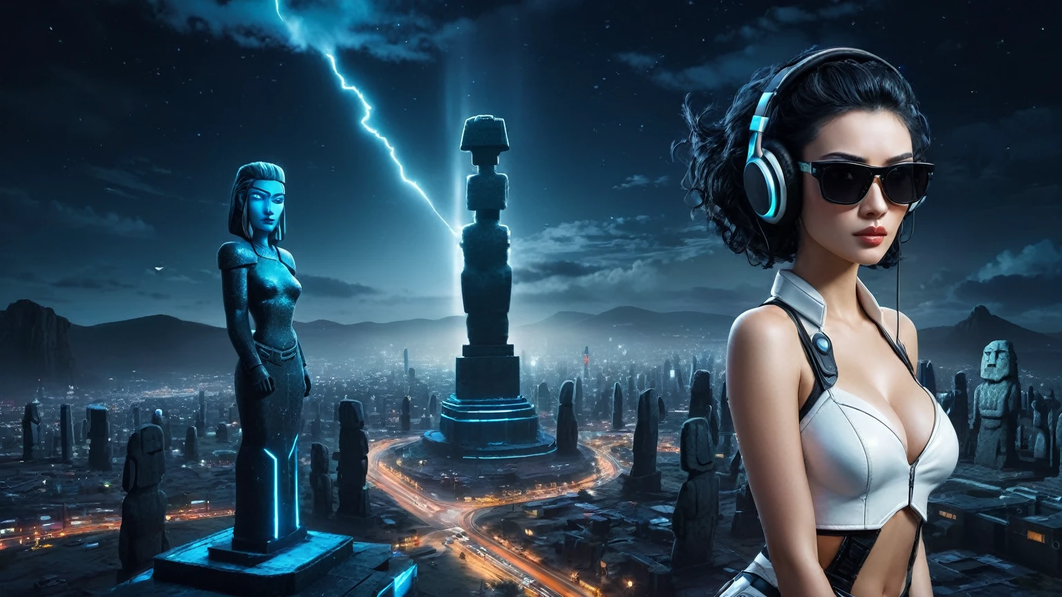 At night, dark sky, distant shot aerial view of fantasy cyberpunk style ice ((Moai-statue)) city, ((flying car)). ((1girl, solo, alone)), medium-breast:1.1 slim body, cleavage, sexy clothes, (headphone, black sunglasses, long black realistic hair), (((hip-up standing and holding pistol))), half-body thigh level medium shot, cinematic lighting.