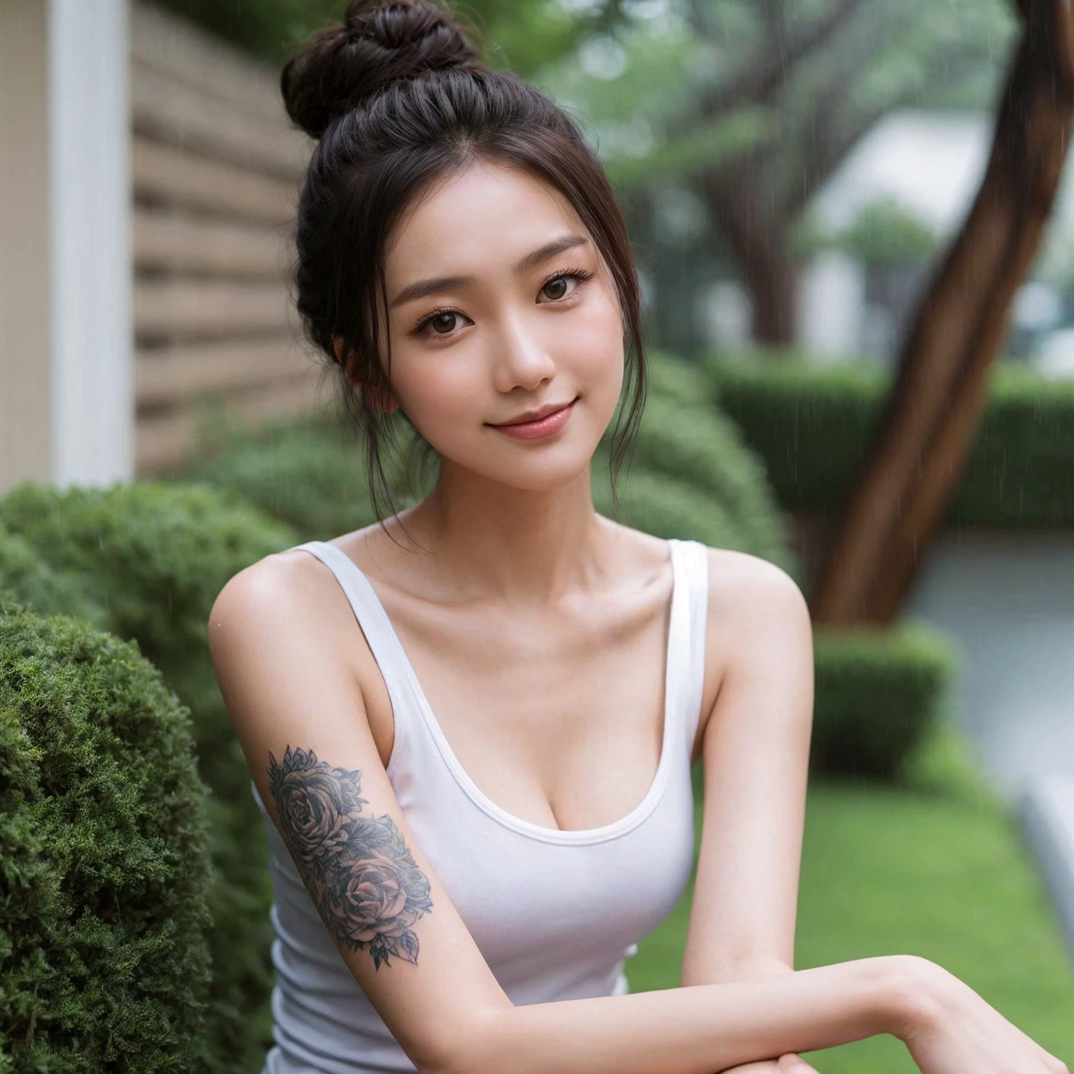 "A young asian woman with a fair complexion is sitting on a garden in a relaxed pose. She is wearing a white tanktop. She has her hair styled in a bun and has a tattoo on her upper left arm. The garden has a soft and neutral color palette. The woman is looking at the camera with a subtle smile. raining.