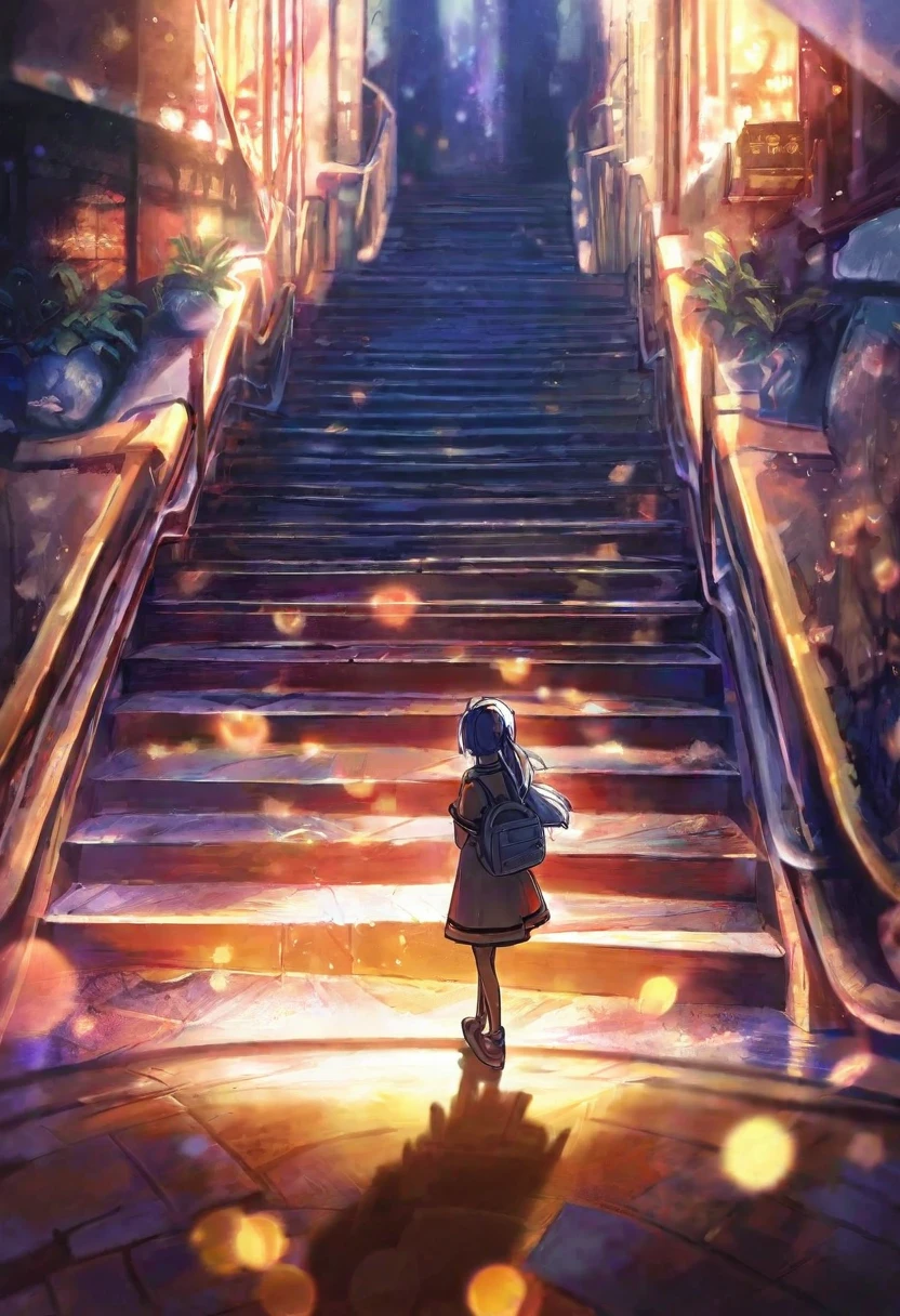 score_9, score_8_up, score_7_up, score_6_up, score_5_up, score_4_up, BREAK Best aesthetic, lolsplashart, painterly, beautiful, masterpiece, amazing art, painterly textures, texture variation, bold outlines, 1girl standing in a stairway, photoreal background, dramatic lighting, sunny, bokeh, absolutely beautiful art, girl drawn in anime style, background being photoreal.