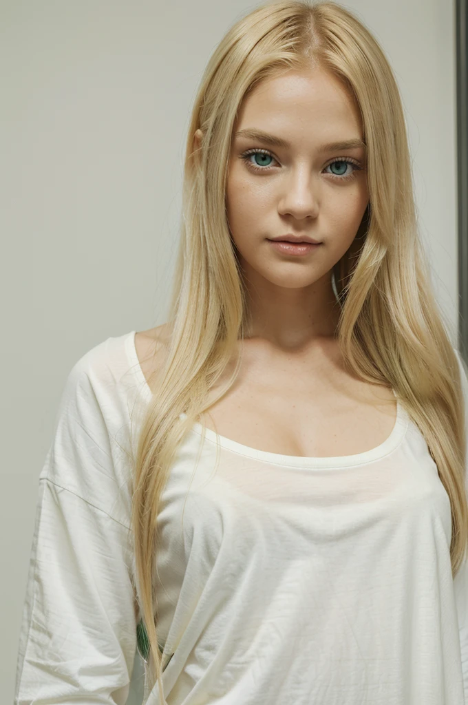 Girl, long yellow hair, green skin, green eye, take a white clothes