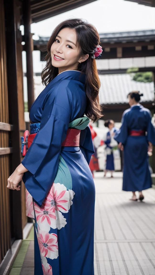 Mature charming sexy woman,50 years old, ((kimono)),blue、(((kimono))),closure,,(Facial wrinkles:1.3),Light makeup,Light brown hair,Long hair,(Full body photography:0.85),(Emphasize the big buttocks),8K, original photo, best quality, laughter,masterpiece,best quality、Gentle smile、Audience's Eyes、Feel free to hairstyle、Japanese-style room、Shoji screen、lantern、