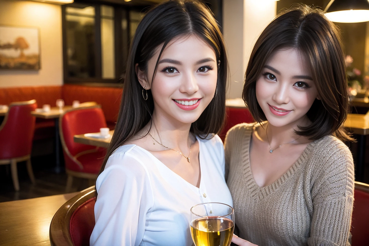 ((Highest quality、8K、masterpiece:1.3))、cute、slimカップル、modelカップル、actress男優、(Realistic, Intricate details:1.2), full-course dinner、Wine Party、Amazing view of the sunset sky and clouds、A bright smile、short hair,Bright Face、 (Age 45), 42 years old, red wine 、Appetizers、Italian food、Wine bottle、Champagne、sparkling wine、Two beauties、Brown Hair、Shortcuts、Long sleeve shirt、dress、Beautiful woman 1, (slimな顔), (The body is slim), (Brown Hair), (Shortcuts), cheeks turn a little red,Attractive beauty、restaurant, In a prominent place (From the waist up) Nova Frog Style, actress, model, Upper Body, White wine, slim, wine glass, 中央に置かれたwine glass, smile, (smile: 1.15), Beautiful fine grain, Depth f/2,saturation, High Contrast, Strong light and shadow,Moist Body:1.5、3D texture、Delicate eyes、Brown Hair、The hair is very shiny、