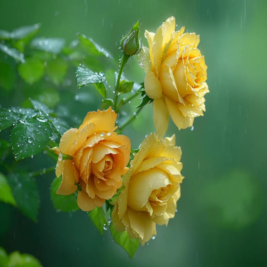 yellow Rose with water droplets on them in the rain, 黄Rose, After the Rain, just After the Rain, Incredibly beautiful, Wet by the rain, Yellow flowers, Rose, yellow and greens, After the Rain, a few Rose, flowers rain everywhere, Beautiful images, with Yellow flowers around it, author:Sim Che Tsai, Green and, Blonde