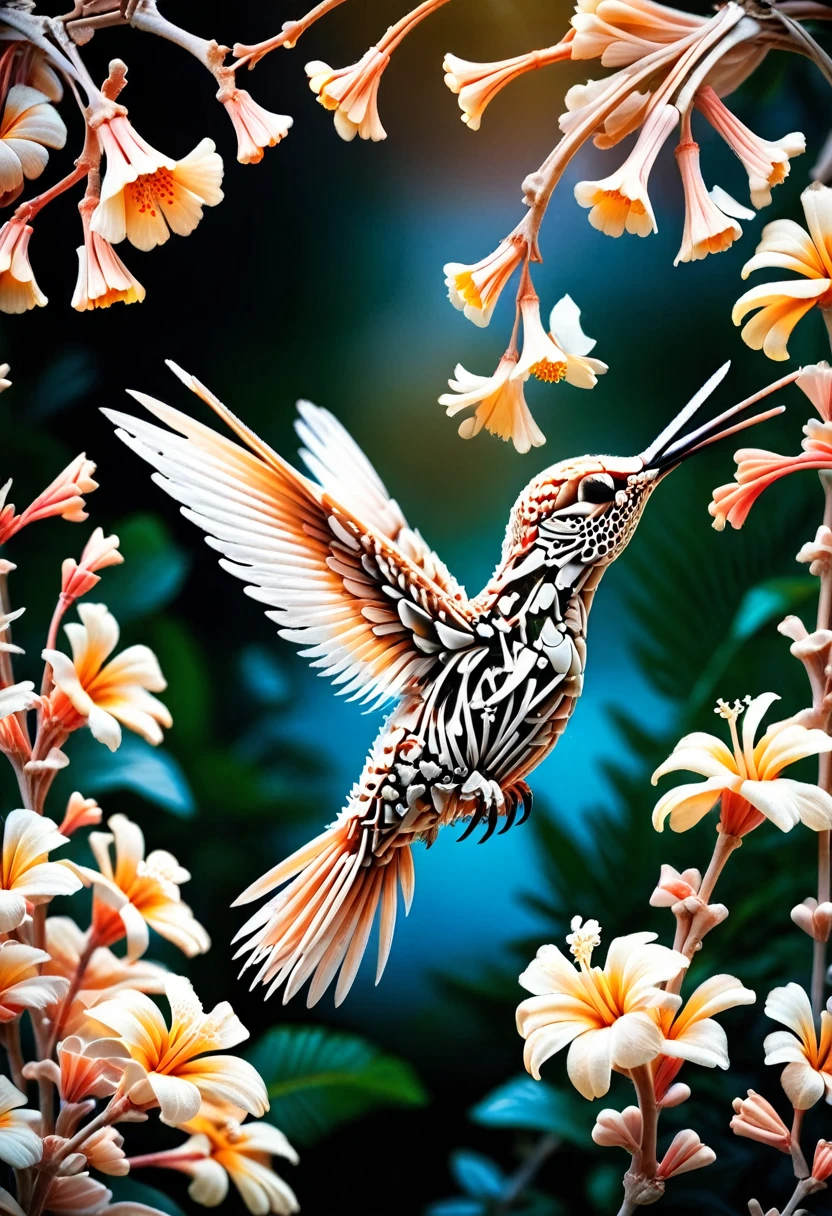 cinematic photo [ :(b&w, Monochromatic, Film Photography:1.3):0.25], full hummingbird made of ral-bnz, , hovering over a a flower in a. tropical garden. exposed rib cage, , fantasy, 8k, tropical background, . 35mm photograph, film, bokeh, professional 