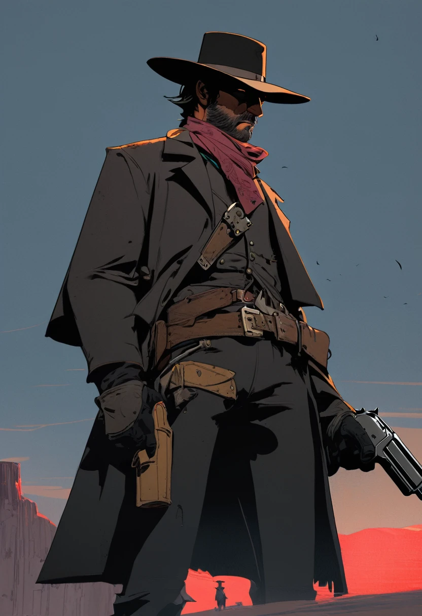 score_9, score_8_up, score_7_up, score_6_up, score_5_up, score_4_up, 1man, Western, Desert, Dark night, Horizon, far away, Wild West, red dead Redemption, cartoon art style, Holstered pistol, ready to draw, black hat, black overcoat, dark, Bandit, old west town, City, bloodborn, Hunter, fromsoftwere, soulslike, Terror, moon, night, black sky, wind