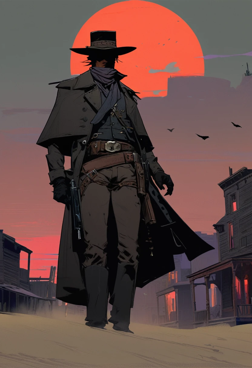 score_9, score_8_up, score_7_up, score_6_up, score_5_up, score_4_up, 1man, Western, Desert, Dark night, Horizon, far away, Wild West, red dead Redemption, cartoon art style, Holstered pistol, ready to draw, black hat, black overcoat, dark, Bandit, old west town, City, bloodborn, Hunter, fromsoftwere, soulslike, Terror, moon, night, black sky, wind