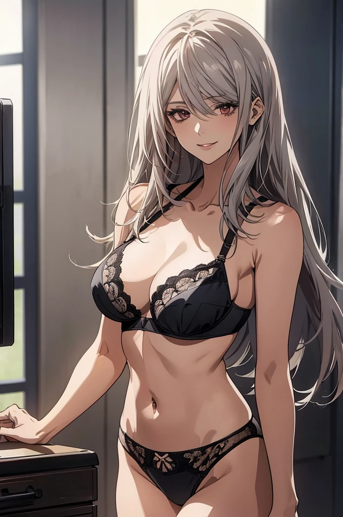 (Highest quality, High resolution, Very detailed), 1 female, Silver Hair, Long Hair, Reddish brown eyes, lace thong bra, Large Breasts, secretary, 24th generation, Beautiful woman, mature, quiet, Calm, A small smile, office,