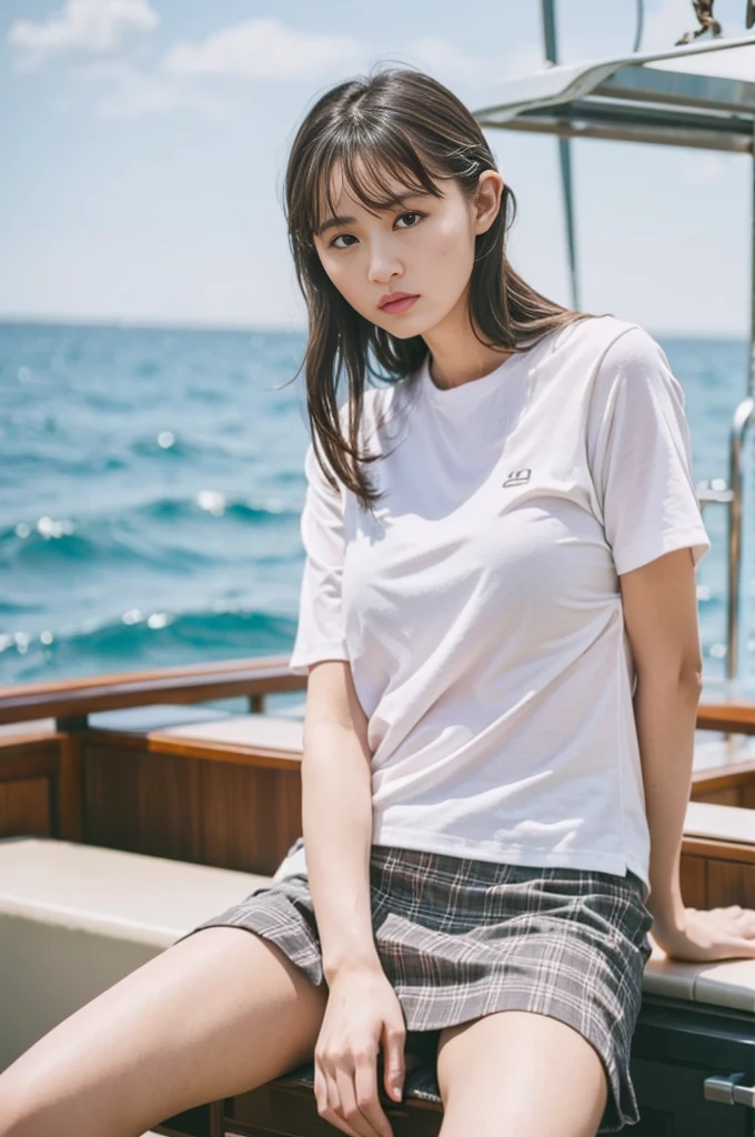 8K, RAW Photos, Highest quality, masterpiece:1.2), masterpiece, Highest quality, shape, Very detailed, Fine details, High resolution, 8K,wallpaper, Perfect dynamic composition,(High quality with attention to detail, Realistic depiction of eyes:1.3)、A woman who has been and has her Hand tied、Place your arms behind your back、Hand tie,Standing on a yacht floating on the sea、Tartan Check Pleated Skirt、whole body、A strong wind blows and flips up my skirt、White panties are visible、The whole is facing forward、21talent、beauty、Well-formed face、Make the eyes even、Beautiful black hair、Bandidium Build、Balanced ratio、Beautiful legs、Short sleeve blouse、Fresh face、Beautiful views、