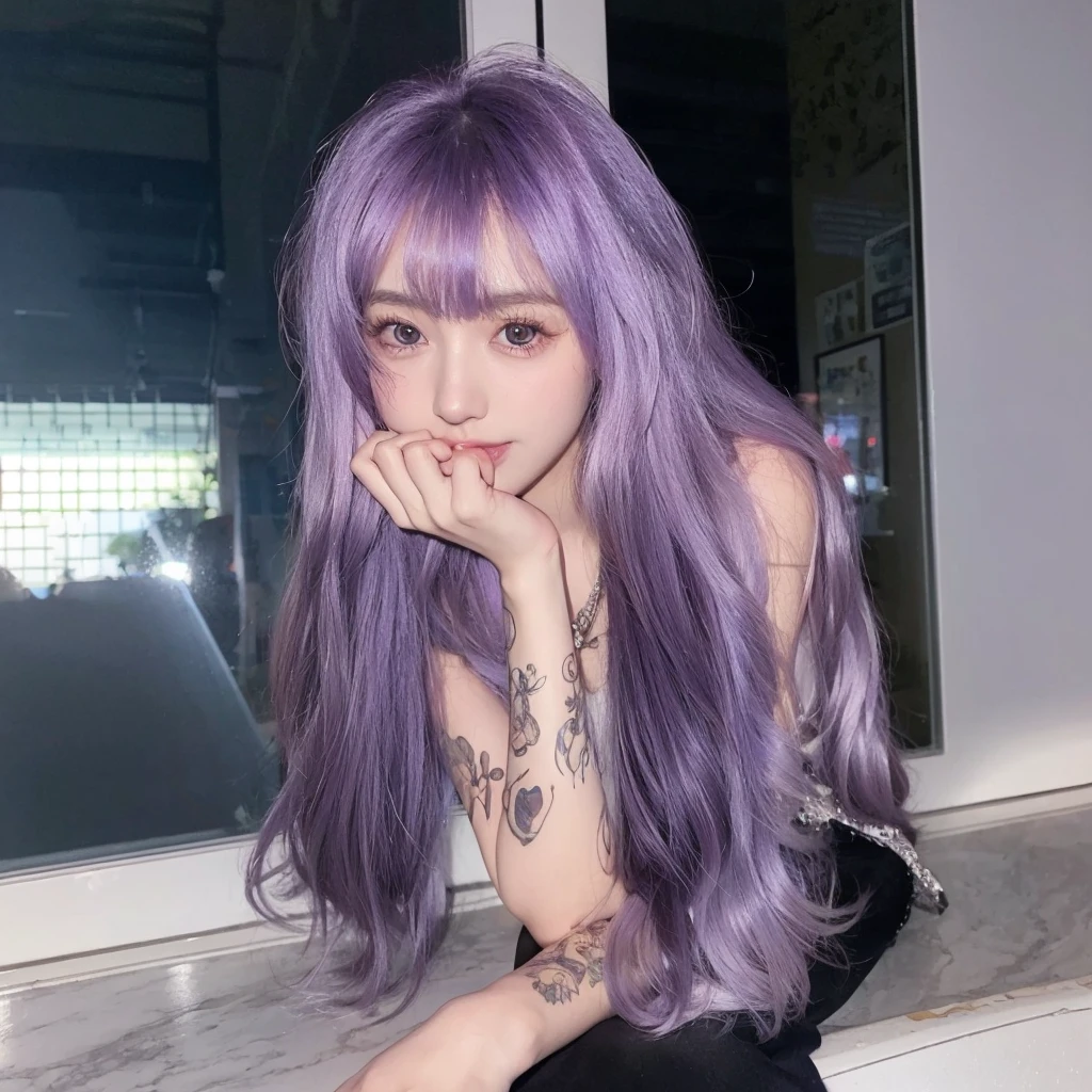 Purple long curly hair,Natural and beautiful hair,The background is simple and clean,