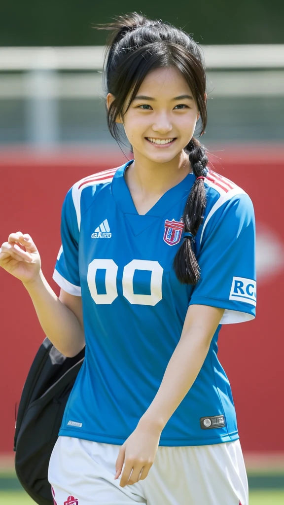 One Woman、university student、Black Hair、semi-long、Her hair is tied in a ponytail with a red string、Light blue jersey、Looking this way and smiling