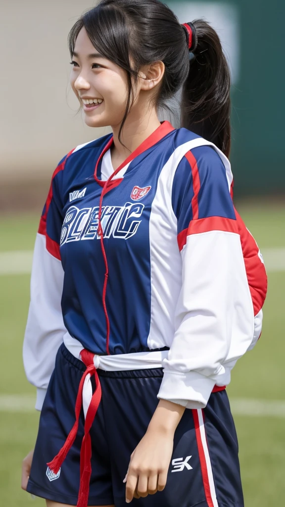 One Woman、university student、Black Hair、semi-long、Her hair is tied in a ponytail with a red string、Light blue jersey、Looking this way and smiling