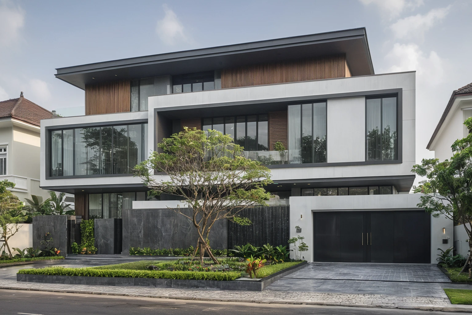 modern villa on street, (overcast lighting:1.2), tropical tree, vivid color, streetcapes, nice sky, grey and wwhite tone, (large glass door:1.2), warm interior lighting, modern material, best quality, ultra realistic, masterpiece, 17ArchiAI_XL_VL-v1