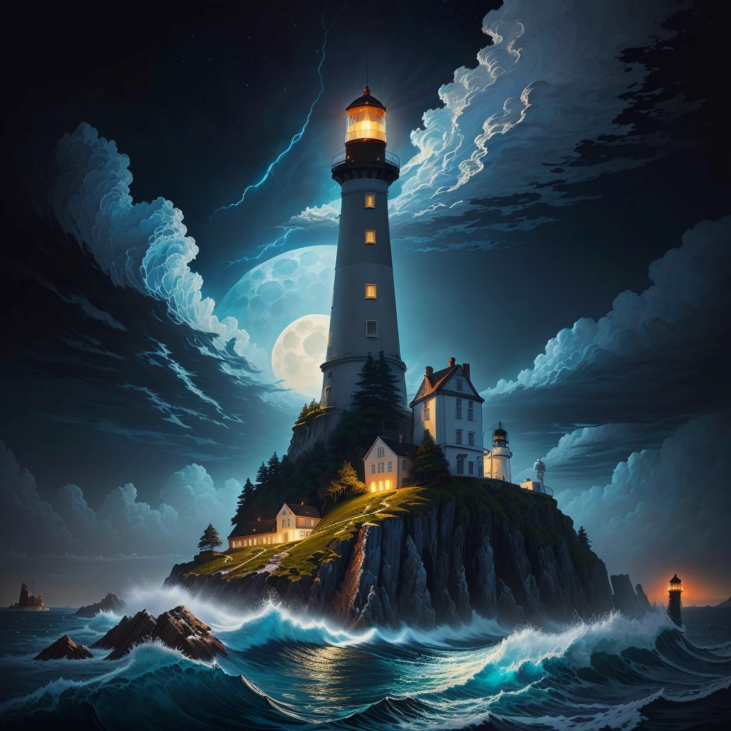 a painting of a lighthouse on a rocky island with a full moon, painting by Mumford, Mumford paint, fractal thunder Mumford, lighthouse, in the style Mumford artwork, author:Dan Mumford, lighthouse, el bosco and Mumford, in the art style of Mumford, ( ( ( ( ( Mumford ) ) ) ) ), inspired author:Dan Mumford