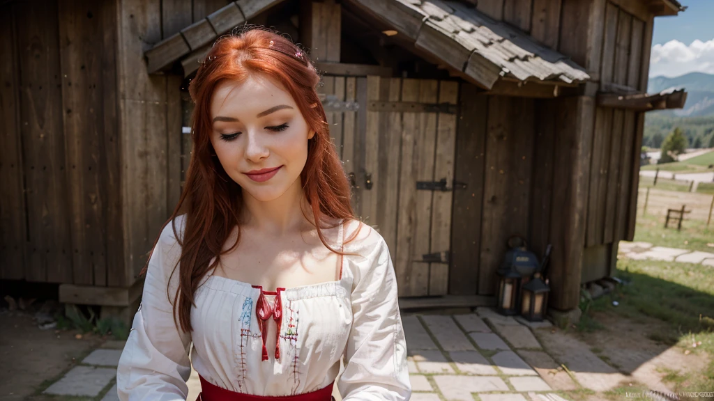 young girl ,slavic look,folk clothes,dress,blurry background,red hair,lite make up,outsite,mountain,sun,pink lipstick,polish,portrait,4k,ultra realistic,realistic face,selfie,smiling, sexy look,temptating,blink.one eye closed,one girl,85mm lens,photorealistic
