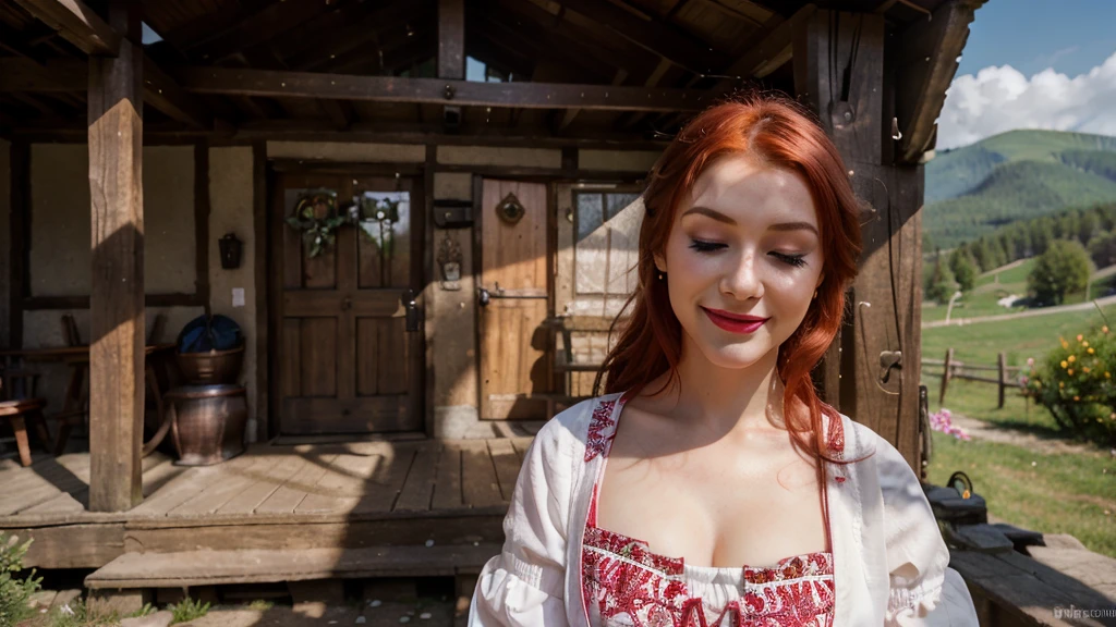 young girl ,slavic look,folk clothes,dress,blurry background,red hair,lite make up,outsite,mountain,sun,pink lipstick,polish,portrait,4k,ultra realistic,realistic face,selfie,smiling, sexy look,temptating,blink.one eye closed,one girl,85mm lens,photorealistic 