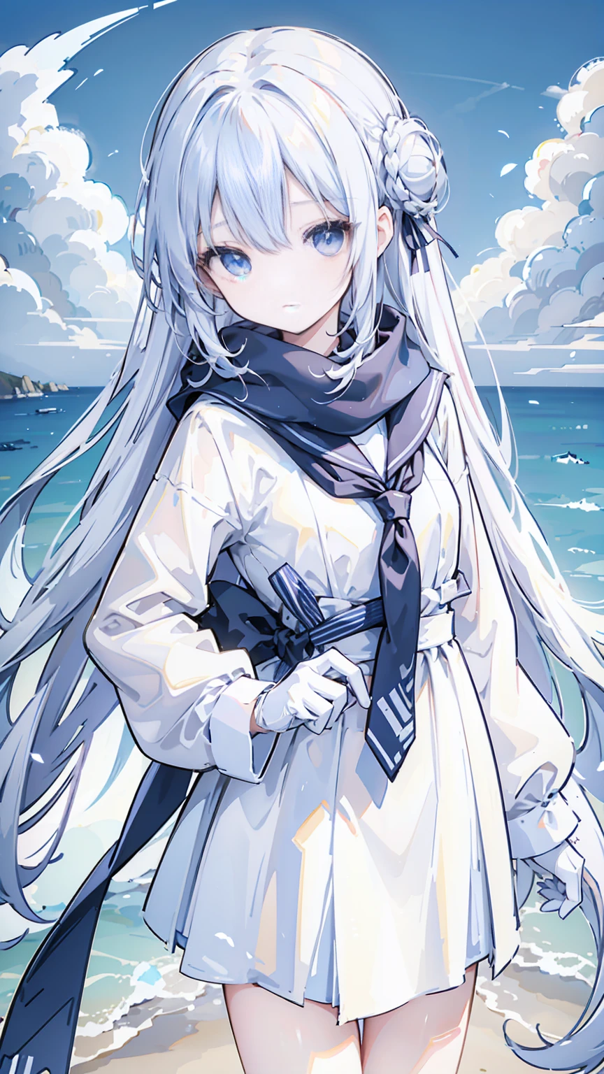 Hair: The character's hair is long and flowing, and it is a pure white color. It is styled in a half-up, half-down hairstyle, with the top half of her hair tied back in a bun and the bottom half left down. Her hair appears to be very soft and silky.
Eyes: The character's eyes are a bright blue color. They are large and almond-shaped, and they have long, dark lashes. Her eyes have a gentle expression, but they also have a hint of determination.
Face: The character's face is oval-shaped, and she has delicate features. Her skin is fair and porcelain-like, and she has a small, pointed nose and a slightly upturned mouth. Her lips are a soft pink color, and she has a beauty mark on her left cheek.
Body: The character is slender and athletic. She is wearing a white and blue sailor suit that is fitted to her body. The suit has a short skirt and a long, flowing scarf that is tied around her neck. She also has a pair of white gloves on her hands.
Accessories: The character is wearing a number of accessories, including a white and blue sword, a pair of white gloves, and a red scarf. The sword is sheathed at her side, and the scarf is tied around her neck.
Expression: The character has a gentle expression on her face, but she also has a hint of determination. She looks like she is ready to take on any challenge that comes her way.
Pose: The character is standing on the deck of a ship, with the ocean in the background. She is holding her sword in her right hand, and her left hand is resting on her hip. She is looking out at the ocean, with a determined expression on her face.