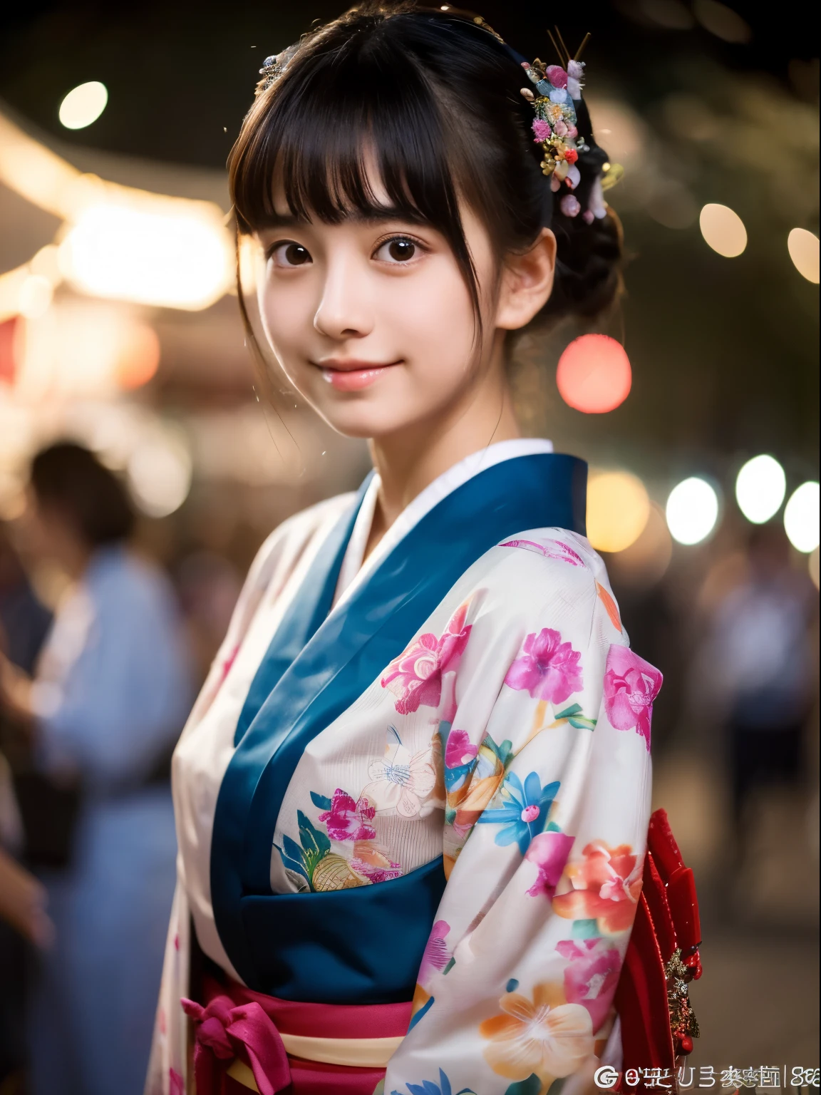 (8k, Top quality, Masterpiece:1.2), (Realistic, photo-realistic:1.37), Super detailed, perfect anatomy, cute, small eyes, Japanese Kimono, 18 years old, a Japanese, girl, Japanese Festival, night,