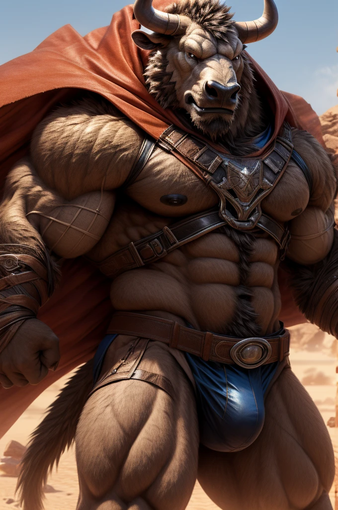 ( masterpiece, Highest quality, High resolution, Deeply drawn boundaries, 8K, Super detailed), (Detailed face:1.2, Detailed eyes), Bull, male , Muscular, Full body view, Abdominal muscles, Black nipples, Groin bulge, Adult mercenary, ゲイmaleモデルの体格, Belt on the waist, A revealing metal breastplate, Bandage on arm, Dirty fur, Tufted tail, Broken Long Sword, Bright Desert, The dust is blowing, Stained leather jockstrap, Torn Leather Cape, Close-up image of the entire character,