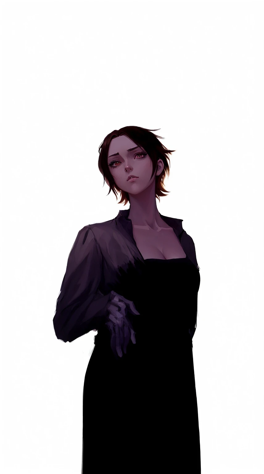 anime character of a woman in a black dress , short brown hair, neck length, green eyes, a digital painting inspired by Tomer Hanuka, trend on pixiv, serial art, heavy gesture style closeup, full body details, wearing casual clothes, anime style, anime style hiper detallado, personaje de anime style, amazing detailed art style, realistic art style, anime style limpio y detallado, anime style moderno, Brown hair