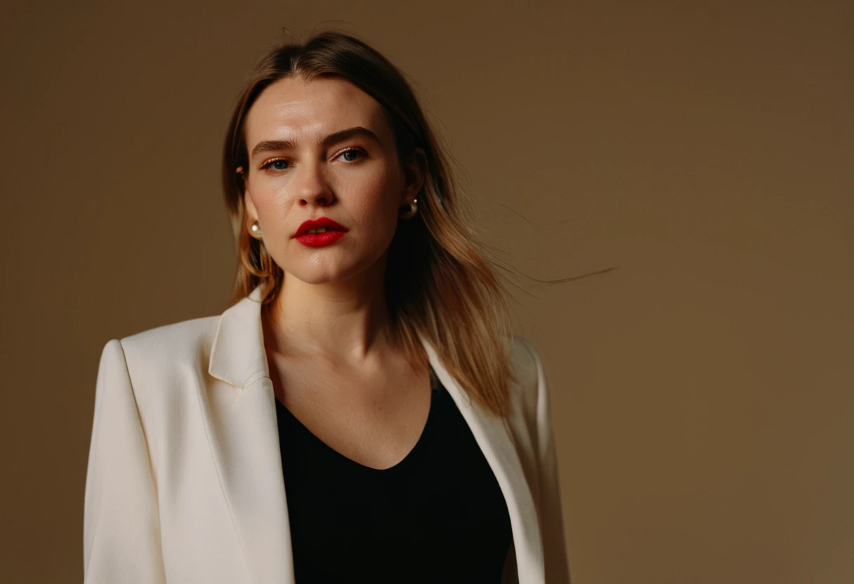 color digital photograph of Lucie Prochazka a woman from czech republic wearing (a black blazer), (a white t-shirt), (black skinny jeans), (black ankle boots), (pearl earrings), (red lipstick), and Slingbacks shoes shot on Nikon Z9 by Denis Karasev, 26 years old, pale skin, (long hair), tiny figure, small breasts, feeling (feeling Hate, Intense, Hostile, Aversion, Anger, Resentment, Disgust, Animosity, Hostility, Loathing, Malice, face: Scowl, Frown, Glare, Narrowed Eyes, Sneer, Lip Curl, Tense Jaw, Raised Eyebrows, Cold Stare, Contempt), at golden hour,full body, masterpiece, natural lighting, (outdoor setting:1.2), warm tones, side lighting, natural skin details, 4k, UHD, masterpiece, detailed eyes, detailed face, detailed skin, perfect hands, perfect feets, photo, high skin detail, moles, imperfect skin, ultra realism, RAW photo, subsurface scattering