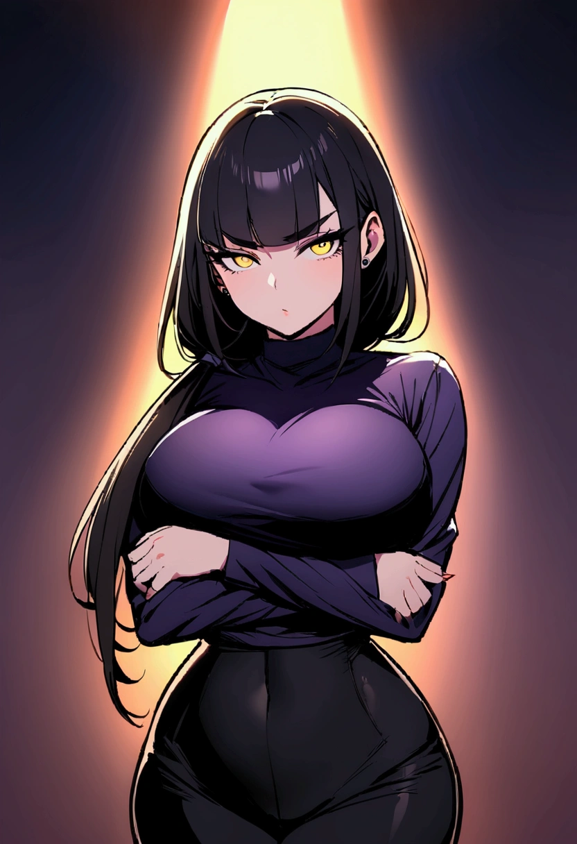 There is a tall, dominant looking woman, with a curvy yet slender body. She has long black hair, bangs just over the eyebrows, and the back of her hair in a low ponytail. She has yellow, piercing eyes, and a cold stare at the POV. She is wearing a dark purple turtleneck and black pants, which accentuates her curvy figure. She is crossing her arms, in an intimidating manner.