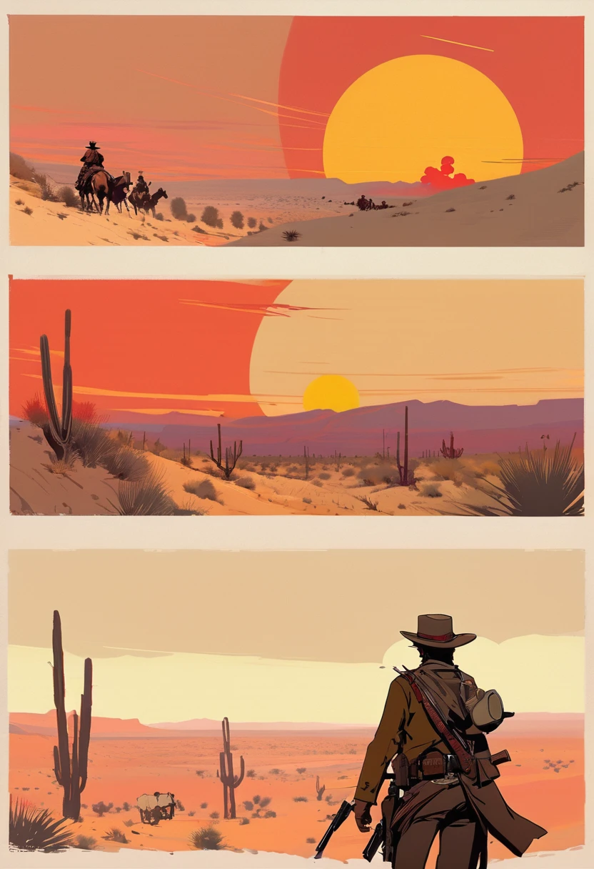score_9, score_8_up, score_7_up, score_6_up, score_5_up, score_4_up, 1man, Western, Desert, red sun, scorching sun, arid, Horizon, far away, Wild West, red dead Redemption, cartoon art style, Arthur Morgan, Cigarette