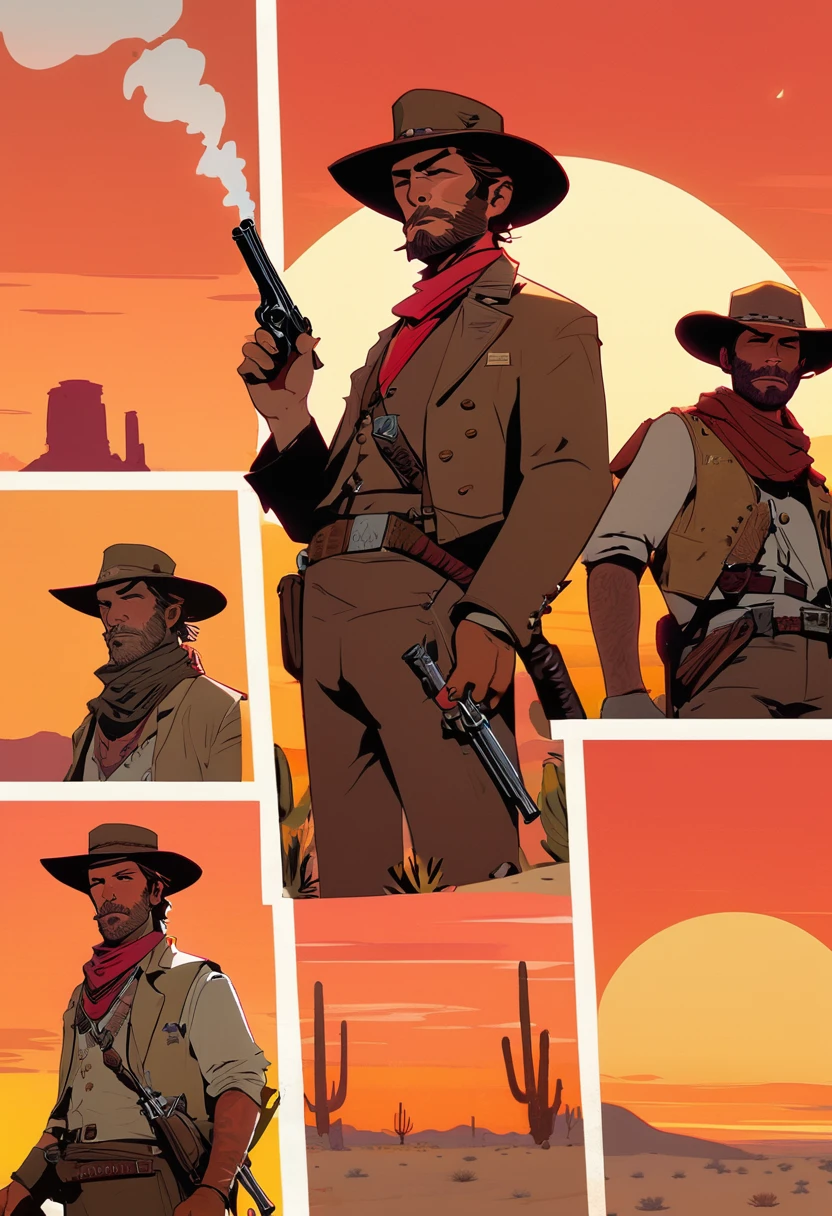 score_9, score_8_up, score_7_up, score_6_up, score_5_up, score_4_up, 1man, Western, Desert, red sun, scorching sun, arid, Horizon, far away, Wild West, red dead Redemption, cartoon art style, Arthur Morgan, Cigarette