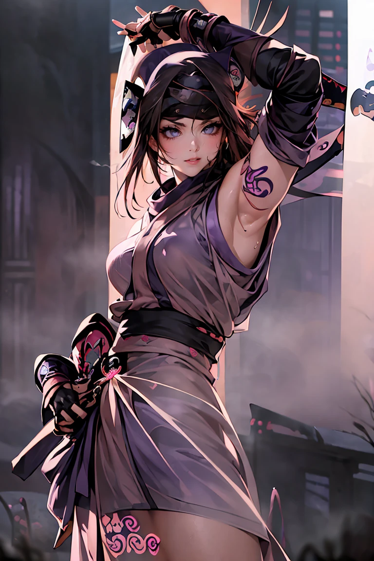 Raise your hands behind your head、night、(masterpiece、Highest quality、Very detailed、so beautiful、Full Body)、、Attractive woman、Angry expression、Sweating profusely、soaked、((Alluring female ninja、Purple Shinobi Costume:1.8))、(((Pink dense fog effect:1.9)))、(Thick lips、Thick eyebrows、Almond-colored eyes、Black Hair)、((Skin:1.4))、Chest wrap、Navy blue long scarf、(From below:1.2)、Japanese garden、(pubic tattoo、glowing tattoo:1.3)
