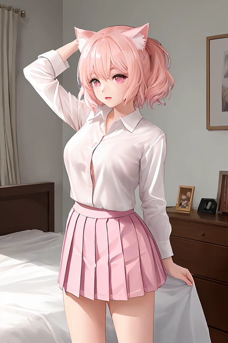 (score_9,score_8_up,score_7_up,score_6_up,score_5_up,score_4_up),masterpiece, top quality, best quality, official art, beautiful and aesthetic, animation, , 1girl with cat ear, perfect figure, pink hair, complicated details,, bedroom, checking the weather, (white shirt:1.5, pink pleated skirt:1.5), blinking, typing ,