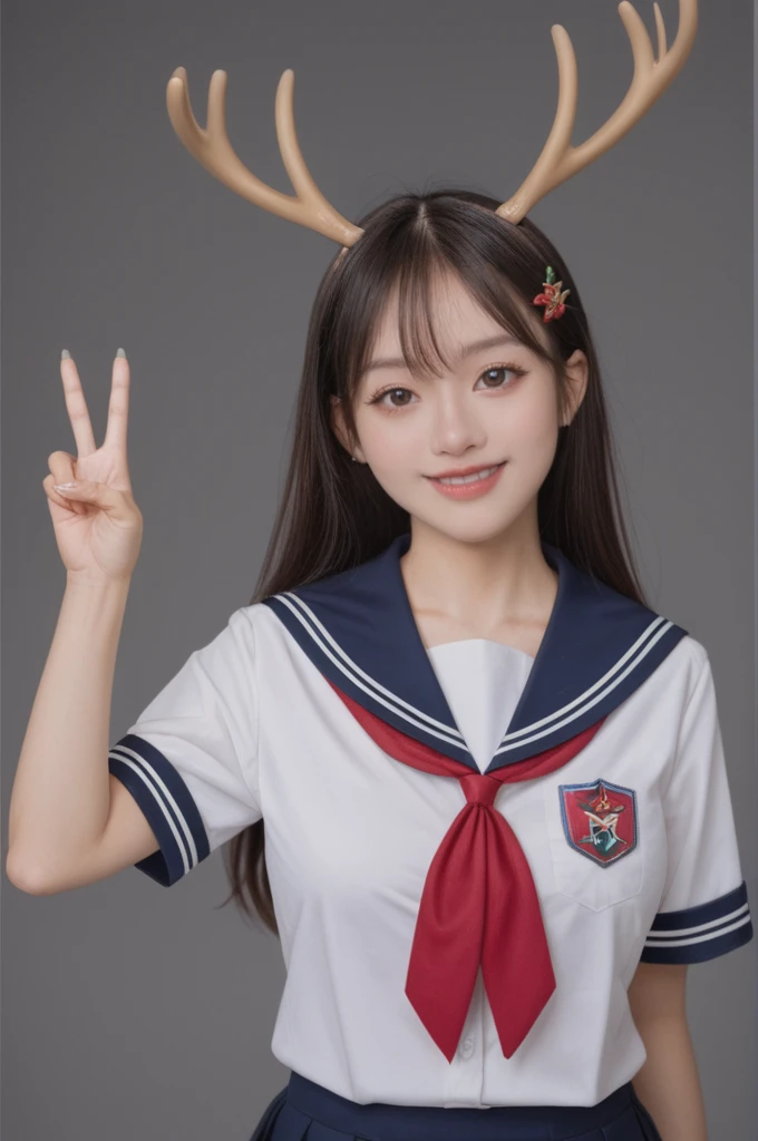 realistic,score_9, score_8_up, score_7_up,
1girl, stand, cowboy_shot, simple background, big breasts, Deer antler hairpin,Dynamic lens,Dynamic Action,Give a V victory sign, Girls' high school uniform,Double tail hair,smile