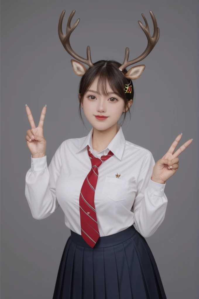realistic,score_9, score_8_up, score_7_up, 
1girl, stand,  cowboy_shot, simple background,  big breasts,   Deer antler hairpin，Dynamic lens，Dynamic Action，Give a V victory sign, Girls' high school uniform，Double tail hair，smile