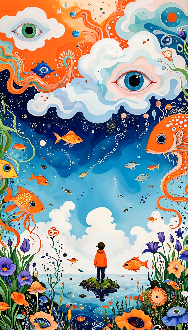 Children's graffiti：A cloud，、iris、fish、Tentacles、bird、Eye、diatom，Abstract mosaic painting，Describing the inner world of autistic people，Sense of space，White Space，interesting，Innocence，Psychedelic Art，Orange overall