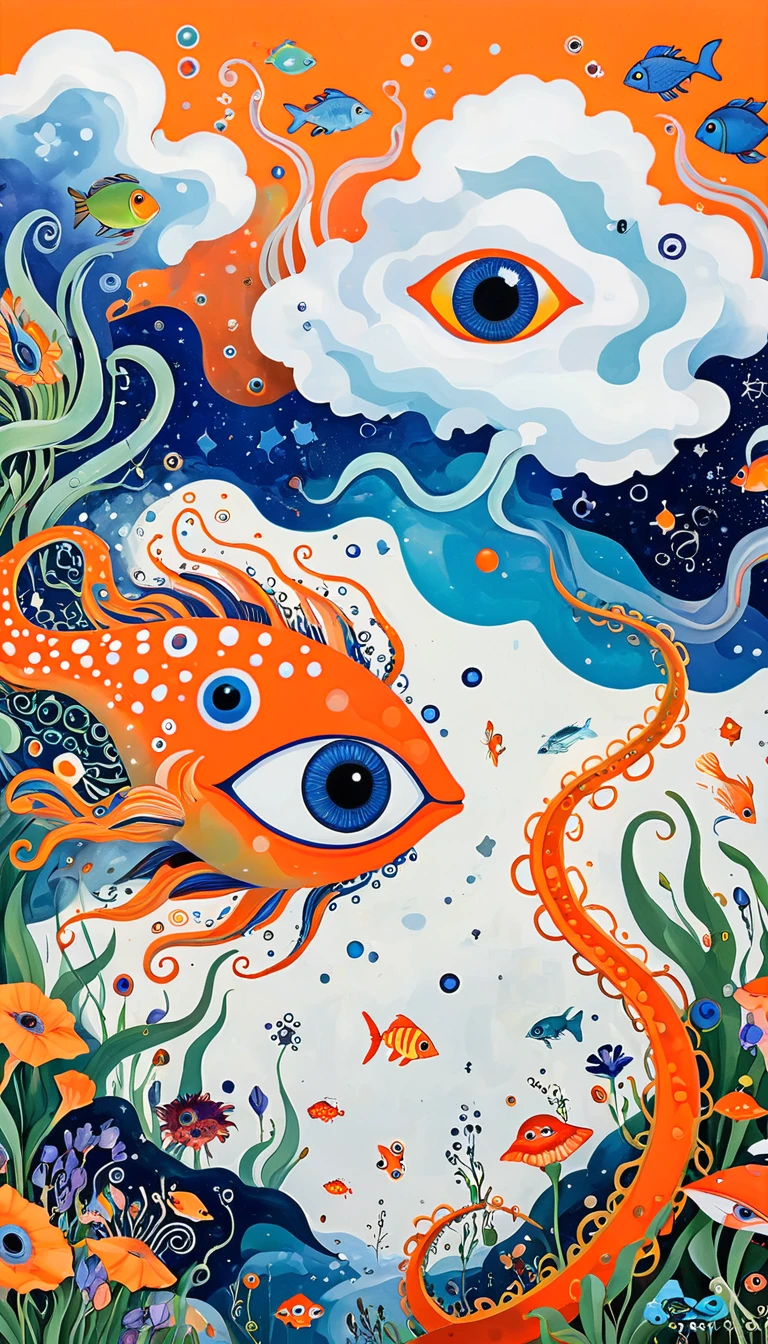 Children's graffiti：A cloud，、iris、fish、Tentacles、bird、Eye、diatom，Abstract mosaic painting，Describing the inner world of autistic people，Sense of space，White Space，interesting，Innocence，Psychedelic Art，Orange overall