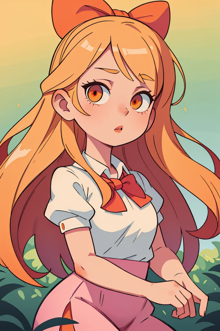 (Better quality,4K,8K,high resolution,artwork:1.2),Ultra Detailed,Realist,portrait,girl,blond,Long hair,Beautiful and delicate eyes,Beautiful and delicate lips,White top,Wear a red bow around your neck,Pink skirt,Orange eyes,Illustration style,Vibrant colors,Warm colors,Soft lighting,Green garden background,No gradient in color,Don't fade,Comic Style,The colors are gorgeous