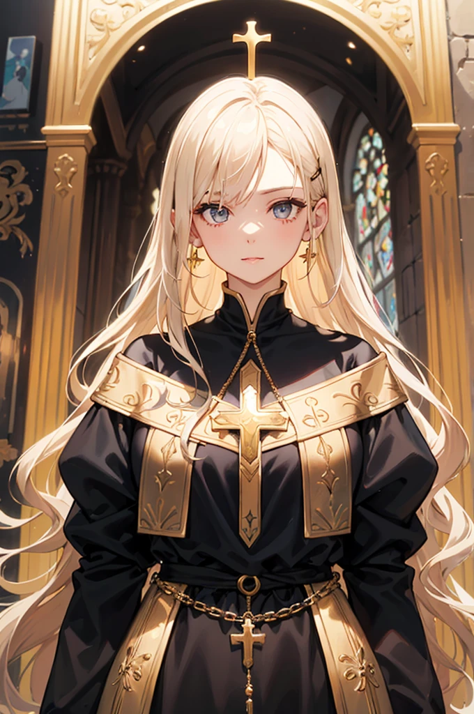 (Masterpiece artwork,  top-quality, offcial art, beautiful and aesthetic:1.2), (1 girl:1.3), (full head: 1.9),  solid colors, a noble mature Catholic woman, large slender commanding knight, looking at the observer, soft smiling, Soft makeup, is 23 years old, mysterious, set in medieval Europe, The woman has 1.68 m high, Soft makeup, graceful pose, woman with blonde hair, slightly long hair, fine wavy hair, flowing hair tied with beautiful ornaments, She wears a hair tie, asymmetrical bangs, wear earrings, blue-gray eyes with a slight greenish tint, glare eyes, perfects eyes, face perfect, Delicate Lashes, sacred vestment, guild outfit with light armor, long modest dress, white and black dress with minimal details in blue and gold, the dress should not be tight on the body, the woman wears a golden Christian cross around her neck, The character must only be visible from the front, completely natural position, meticulous portrait of the face, inside a castle, perfect background, soft lighting.