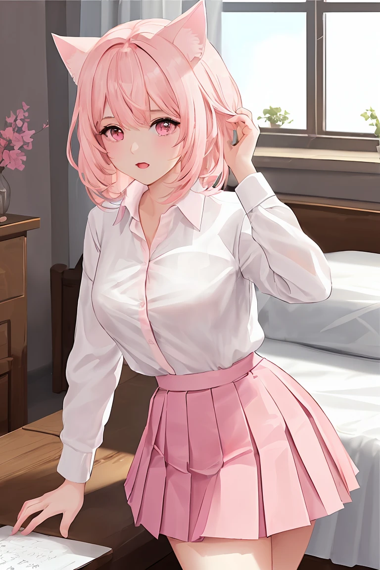 (score_9,score_8_up,score_7_up,score_6_up,score_5_up,score_4_up),masterpiece, top quality, best quality, official art, beautiful and aesthetic, animation, , 1girl with cat ear, perfect figure, pink hair, complicated details,, bedroom, sunny, checking the weather, (white shirt:1.5, pink pleated skirt:1.5), blinking, typing ,
