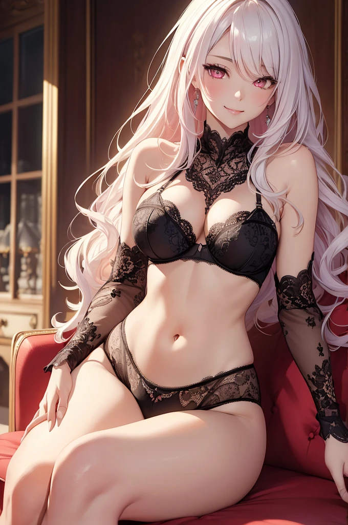 (最high quality, High resolution, masterpiece:1.2), Realistic, lace thong bra, Detailed Female Portrait, Beautiful slim legs, Long, flowing white hair, Bright pink eyes, masterpiece smile, high quality, sofa,
